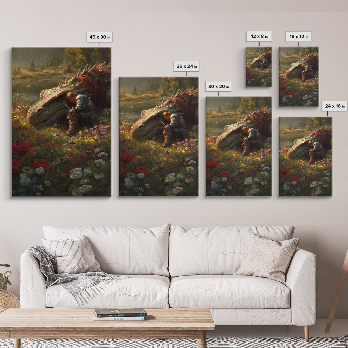 Sleeping Knight Beside Ancient Dragon Wall Art Fantasy Floral Meadow Canvas Print For Medieval Home Decor And Gift For Her