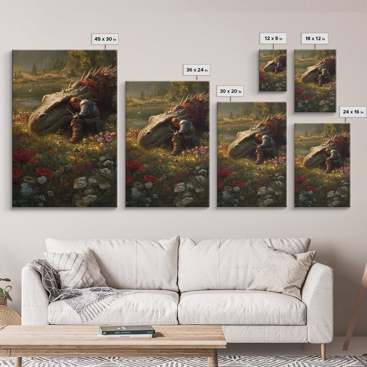 Sleeping Knight Beside Ancient Dragon Wall Art Fantasy Floral Meadow Canvas Print For Medieval Home Decor And Gift For Her