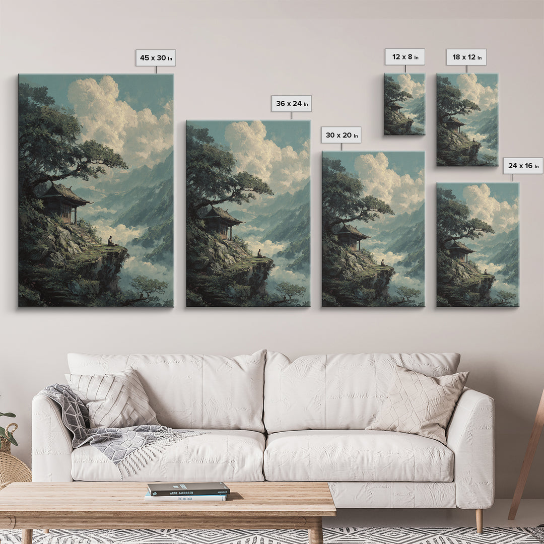 Tranquil Mountain Meditation Scene With Zen Garden Framed Canvas Print For Spiritual And Modern Home Wall Art Decor