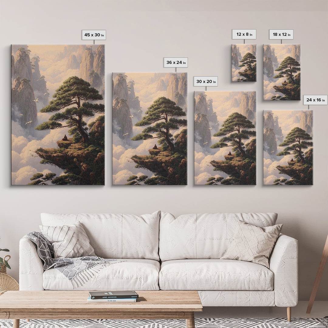 Meditative Man On Cliff Surrounded By Pines And Birds In Misty Mountains Wall Art Print For Tranquil Home Decor
