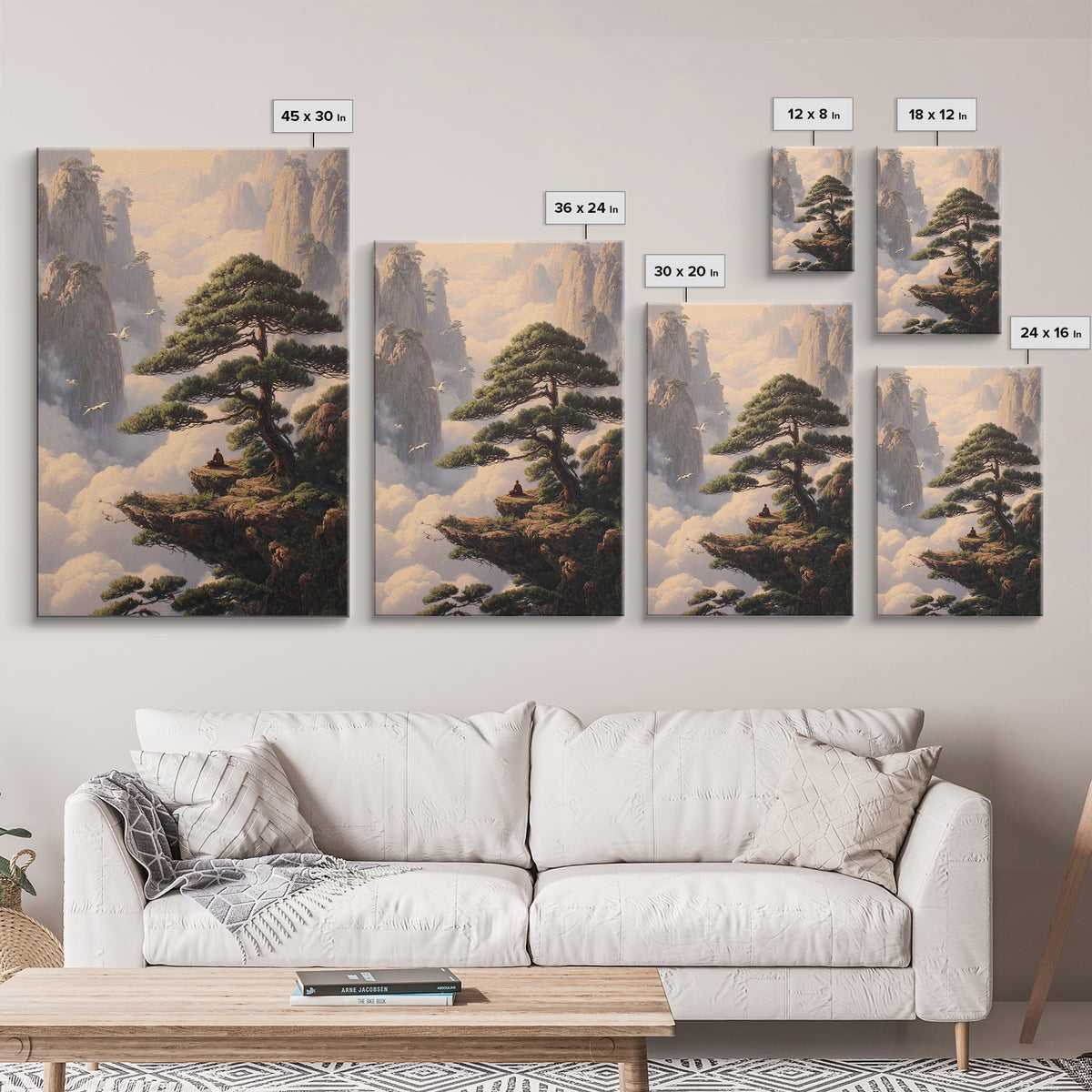 Meditative Man On Cliff Surrounded By Pines And Birds In Misty Mountains Wall Art Print For Tranquil Home Decor