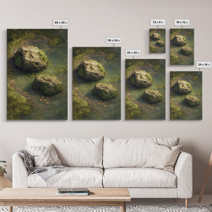 Peaceful Moss Covered Rocks In Quiet Woodland Stream Nature Wall Art Canvas Print For Calming Home Decor