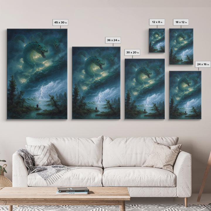 Three Headed Sea Hydra Storm Wall Art Fantasy Dragon Canvas Print For Gothic Decor Mythical Creature And Moody Office Art