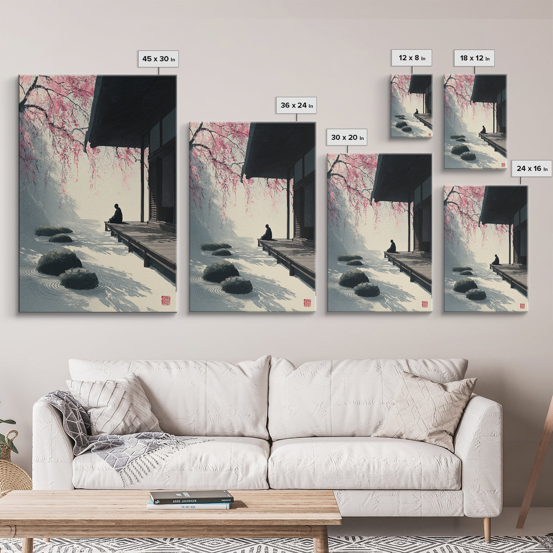 Zen Garden With Meditating Figure And Sakura Blossoms Tranquil Wall Art Framed Canvas Print
