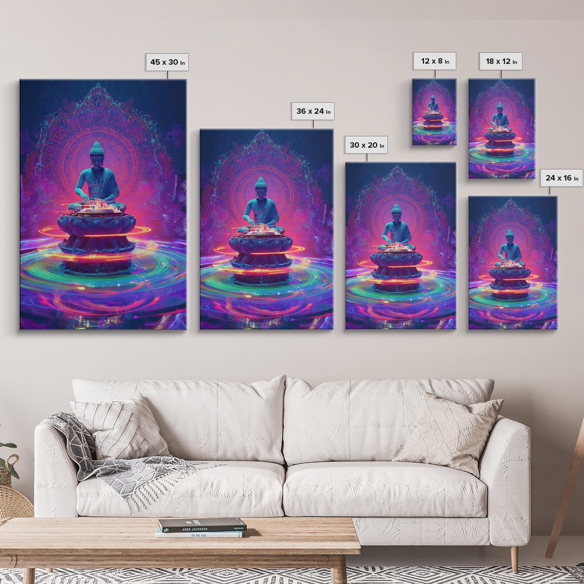 Vibrant Neon Buddha With Sacred Mandala And Energy Rings Wall Art Print Framed Canvas Print Spiritual Home Decor