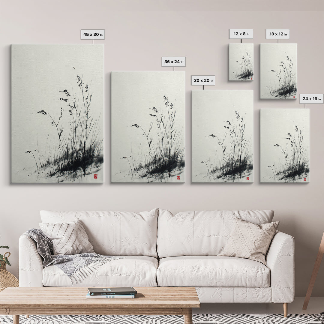 Elegant Black And White Ink Painting Of Windblown Grass Minimalist Wall Art Framed Canvas Print Natural Home Decor