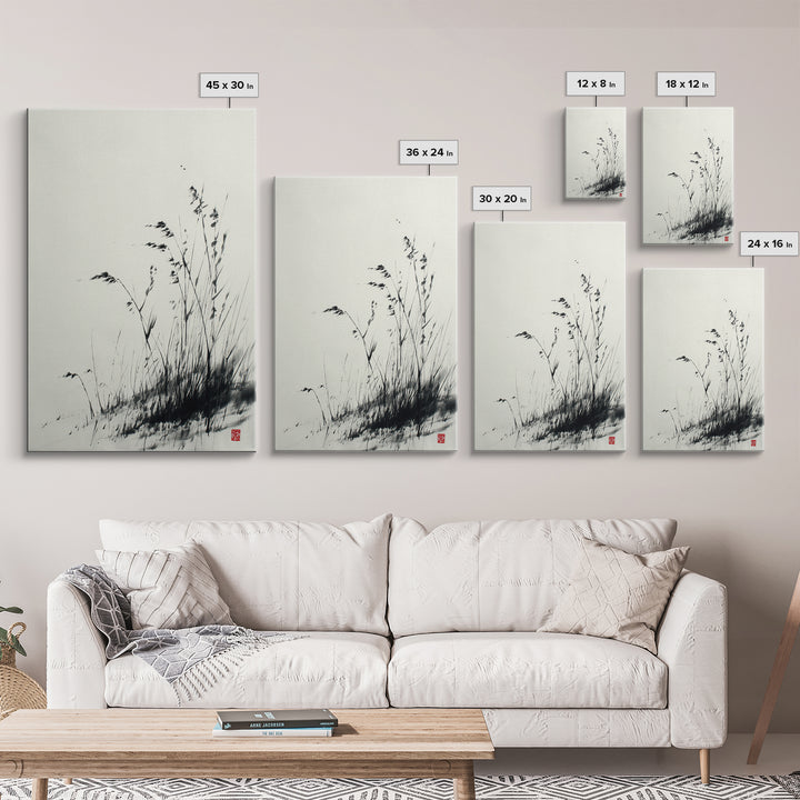 Elegant Black And White Ink Painting Of Windblown Grass Minimalist Wall Art Framed Canvas Print Natural Home Decor