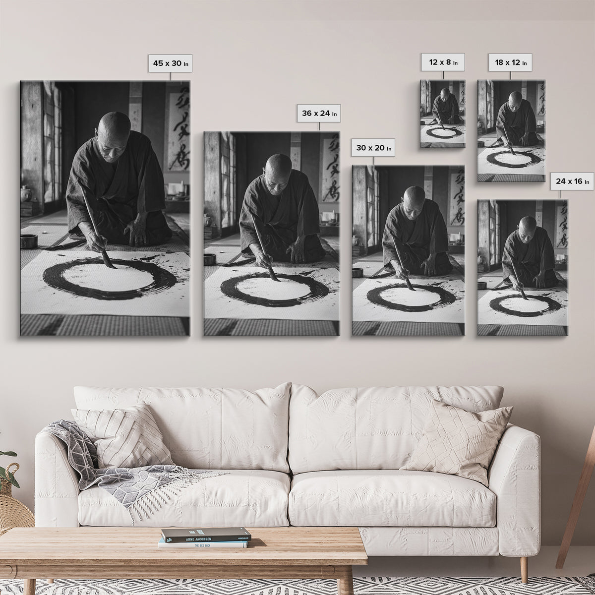 Black And White Fine Art Photography Of Japanese Calligraphy Artist Painting Circle Wall Art Framed Canvas Print