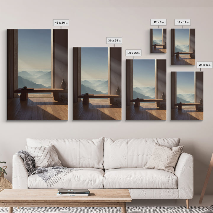 Serene Mountain Landscape from Window View Wall Art Canvas Print for Calm Minimalist Home and Office Decor
