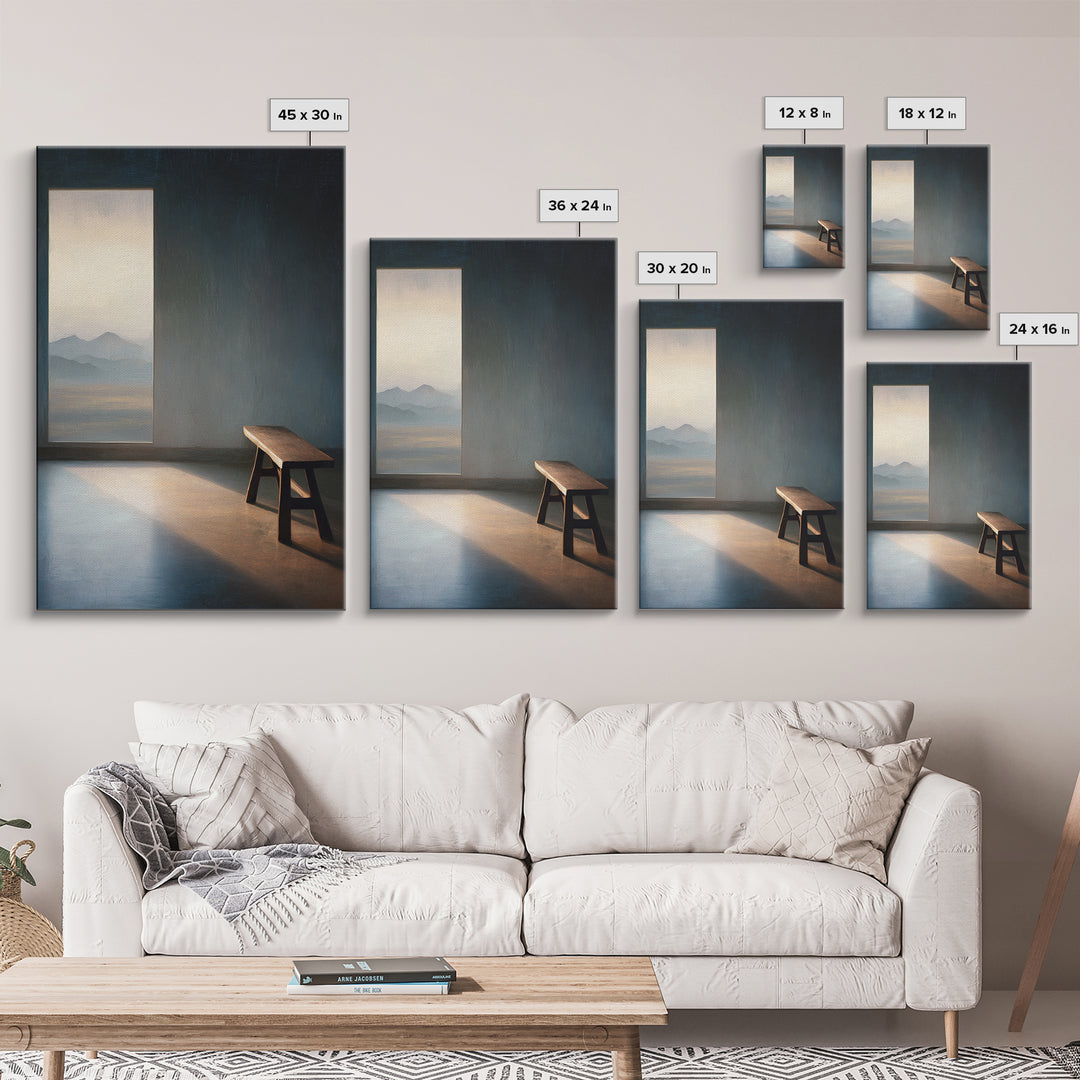 Peaceful Empty Room With Wooden Bench And Mountain View Window Oil Painting Wall Art Print Canvas Print For Minimalist Home Decor