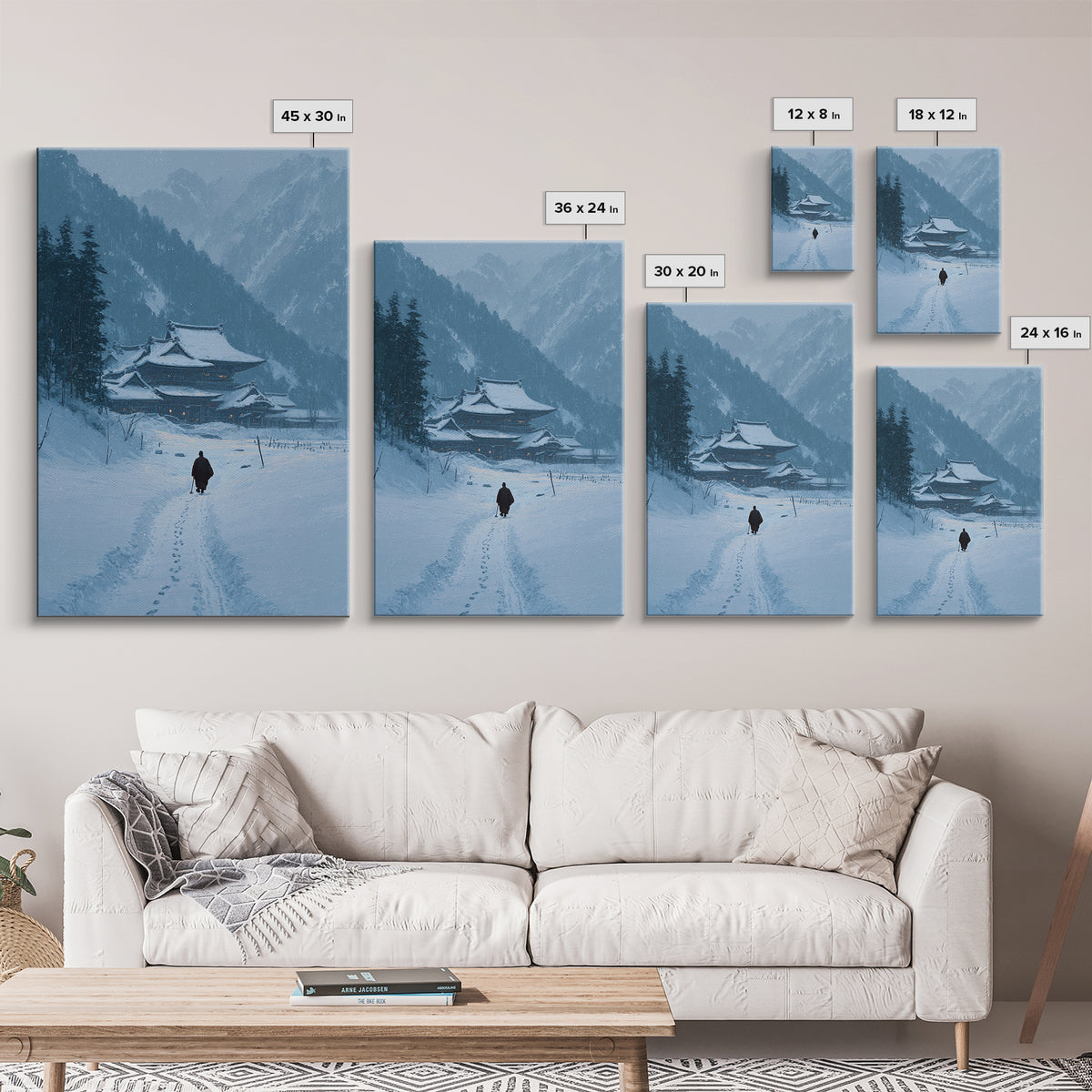 Serene Japanese Winter Landscape With Snow Covered Temple And Monk Pathway Wall Art Canvas Print For Home Decor