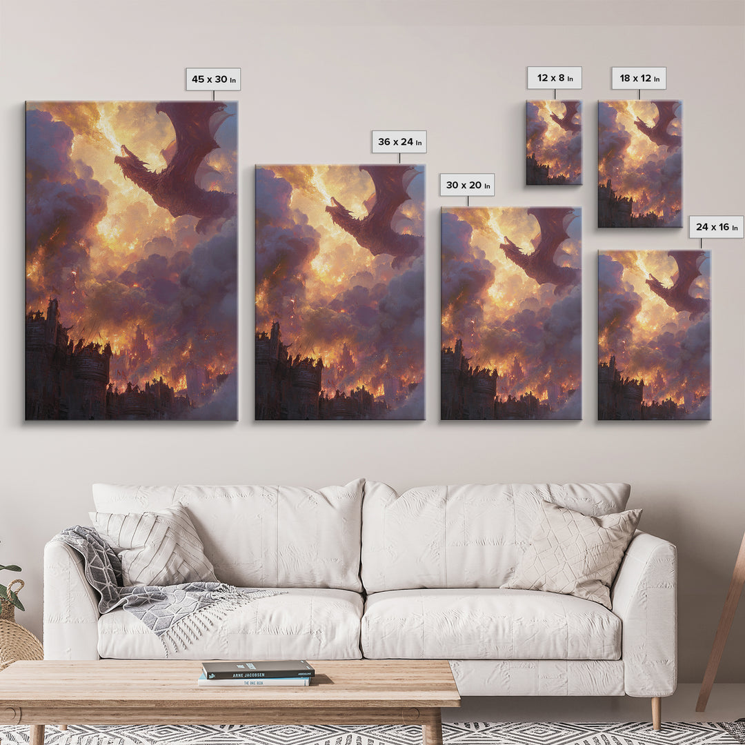 Red Dragon Above Burning Castle Wall Art Epic Fantasy Canvas Print For Gothic Decor Medieval Battle Art And Game Room Wall Decor