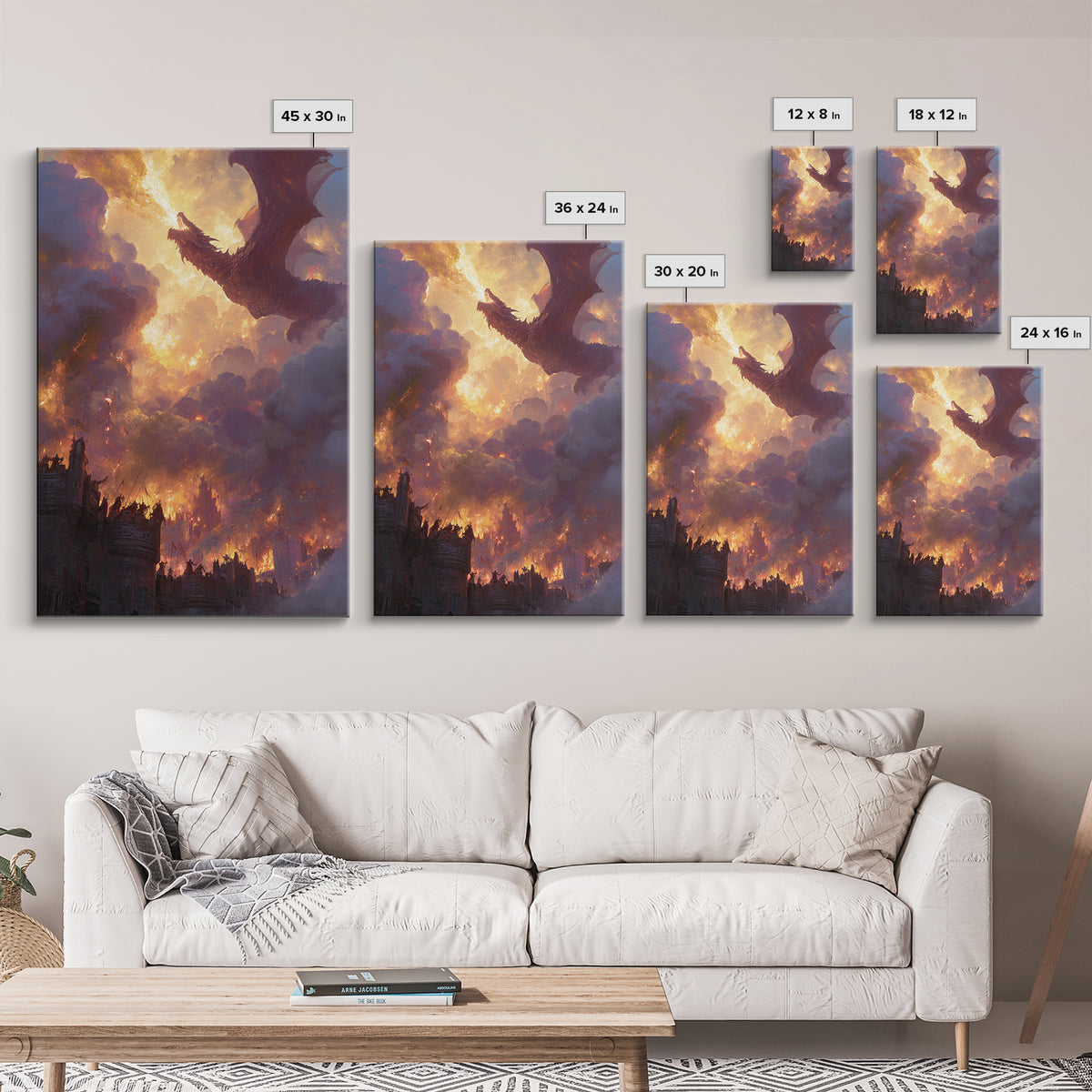 Red Dragon Above Burning Castle Wall Art Epic Fantasy Canvas Print For Gothic Decor Medieval Battle Art And Game Room Wall Decor
