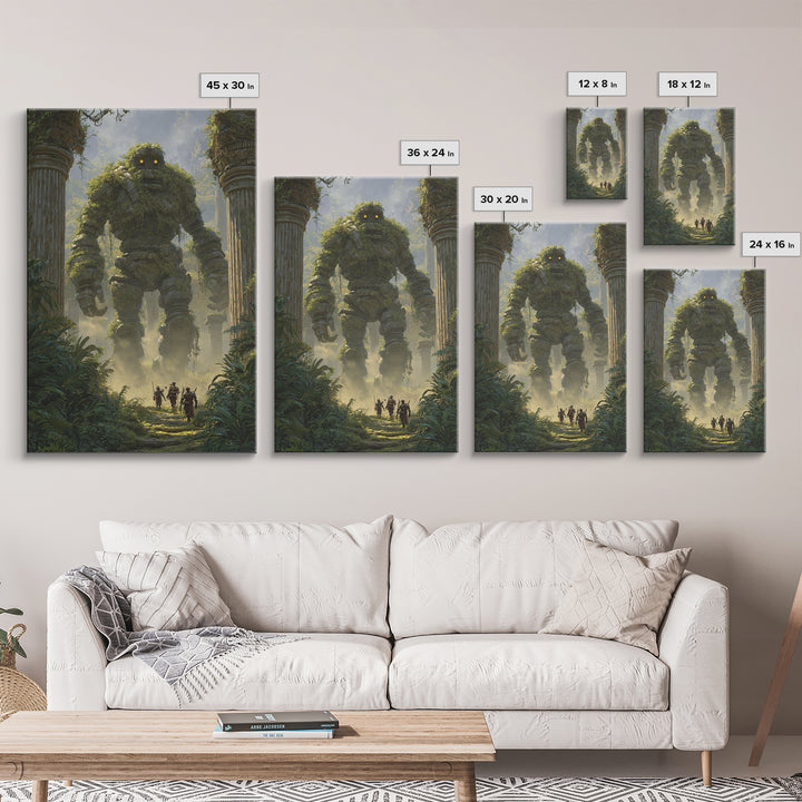 Moss Covered Stone Golem In Jungle Ruins Wall Art Fantasy Canvas Print For Nature Decor Adventure Art And Kids Room Wall Decor
