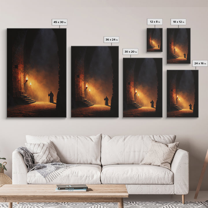 Torchlit Monk In Ancient Stone Arch Wall Art Dark Academia Canvas Print For Gothic Decor Medieval Hallway Art And Office