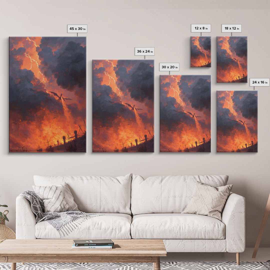 Fire Breathing Dragon Over Burning Battlefield Wall Art Epic Fantasy Canvas Print For Medieval Decor Gothic Game Room Wall Decor