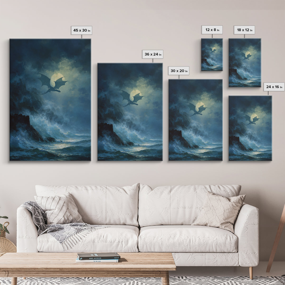 Moonlit Dragon Above Stormy Ocean Wall Art Gothic Seascape Canvas Print For Fantasy Decor Coastal Art And Moody Home Decor Gift For Him