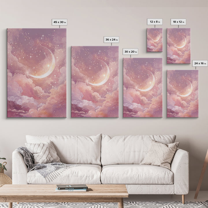 Glowing Crescent Moon Among Pink Clouds Wall Art, Celestial Canvas Print, Dreamy Nursery Decor, Whimsical Bedroom Art, Gift For Her