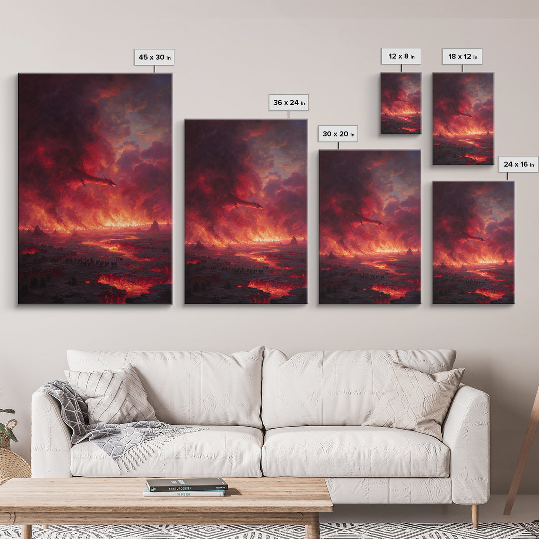Fiery Dragon Apocalypse Landscape Wall Art, Dark Fantasy Canvas Decor, Gothic Medieval Battle, Large Fantasy Art Print Poster