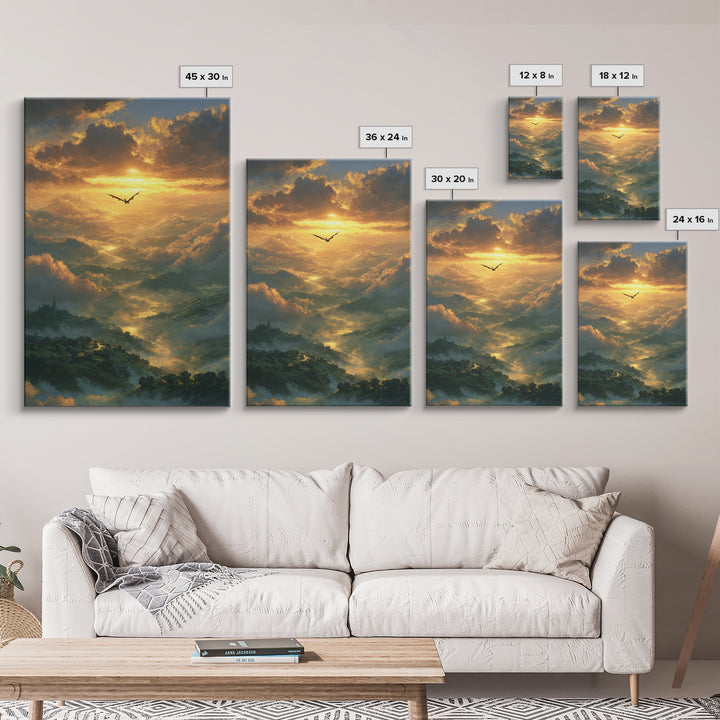 Golden Dragon Above Misty Valley Framed Canvas Print, Fantasy Landscape Wall Decor, Epic Castle Art For Living Room Home Decor