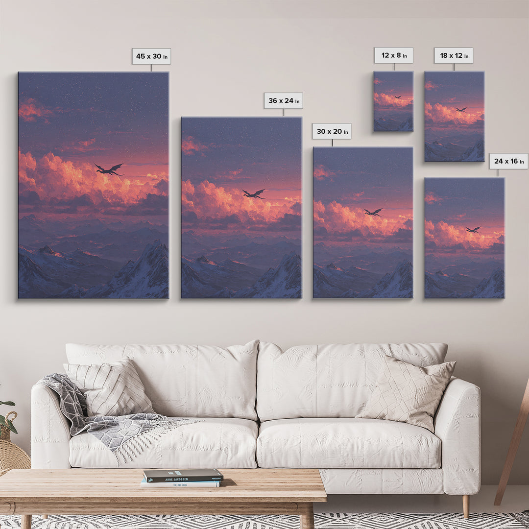 Starry Pink Cloud Dragon Over Snowy Peaks Canvas Print, Fantasy Mountain Wall Art, Dreamy Celestial Bedroom And Nursery Decor