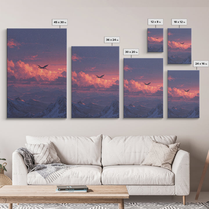 Starry Pink Cloud Dragon Over Snowy Peaks Canvas Print, Fantasy Mountain Wall Art, Dreamy Celestial Bedroom And Nursery Decor