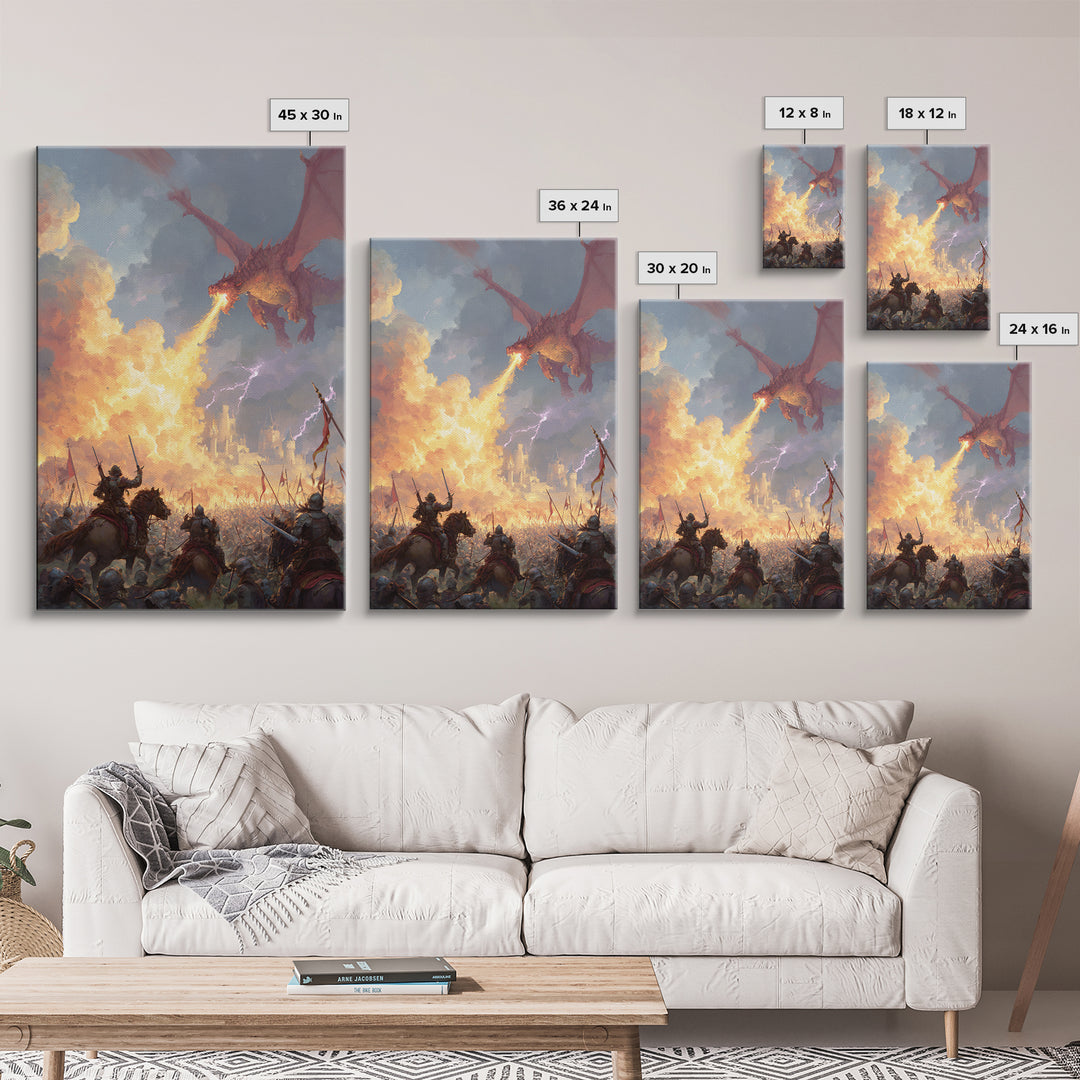 Fire Breathing Dragon Over Medieval Army Wall Art, Epic Fantasy Battle Canvas Decor, Gothic Castle Gift For Him, Man Cave Decor