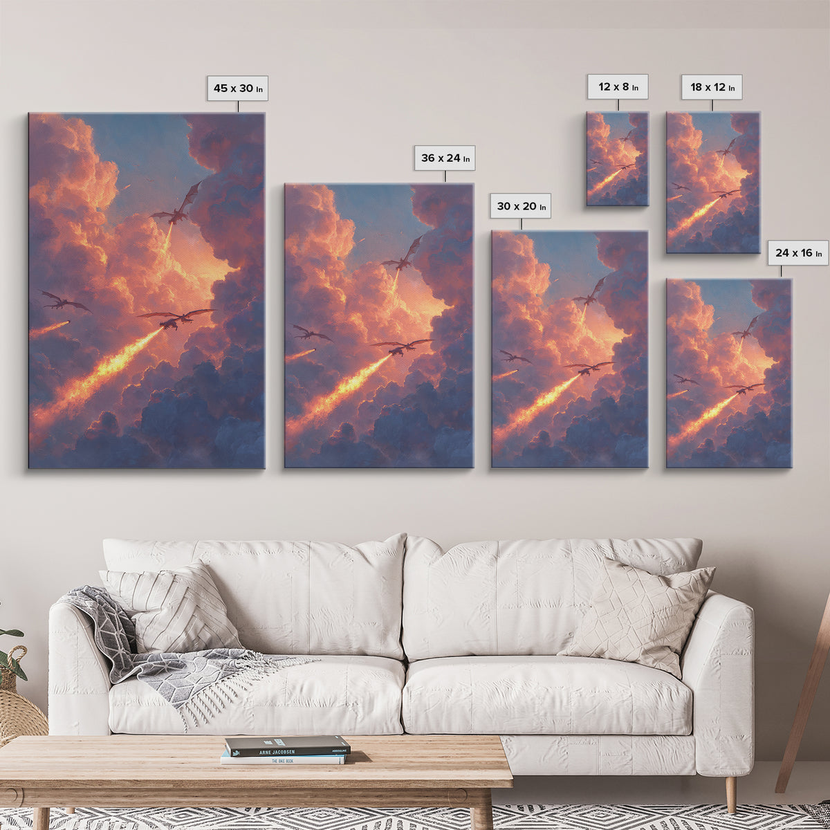 Dragons Breathing Fire Through Sunset Clouds Canvas Print, Fantasy Sky Wall Art, Vibrant Large Statement Living Room Home Decor