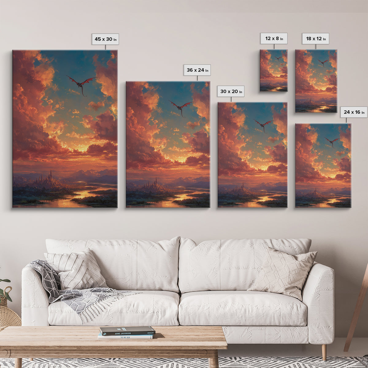 Sunset Dragon Above Spired City Framed Canvas Print, Fantasy Landscape Wall Art, Castle Decor For Living Room, Epic Home Decor