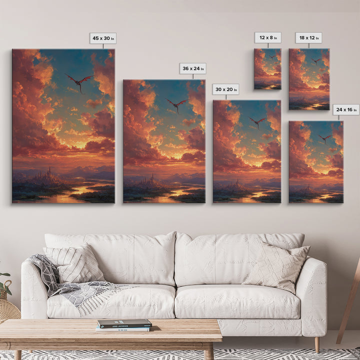 Sunset Dragon Above Spired City Framed Canvas Print, Fantasy Landscape Wall Art, Castle Decor For Living Room, Epic Home Decor