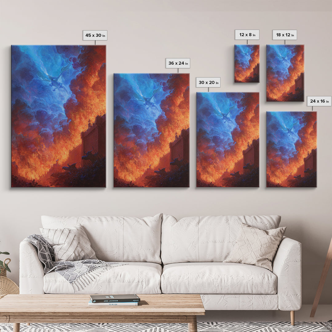 Blue Fire Dragon Siege At Burning Fortress Wall Art, Dark Fantasy Canvas Decor, Gothic Battle Large Art Print Poster For Man Cave
