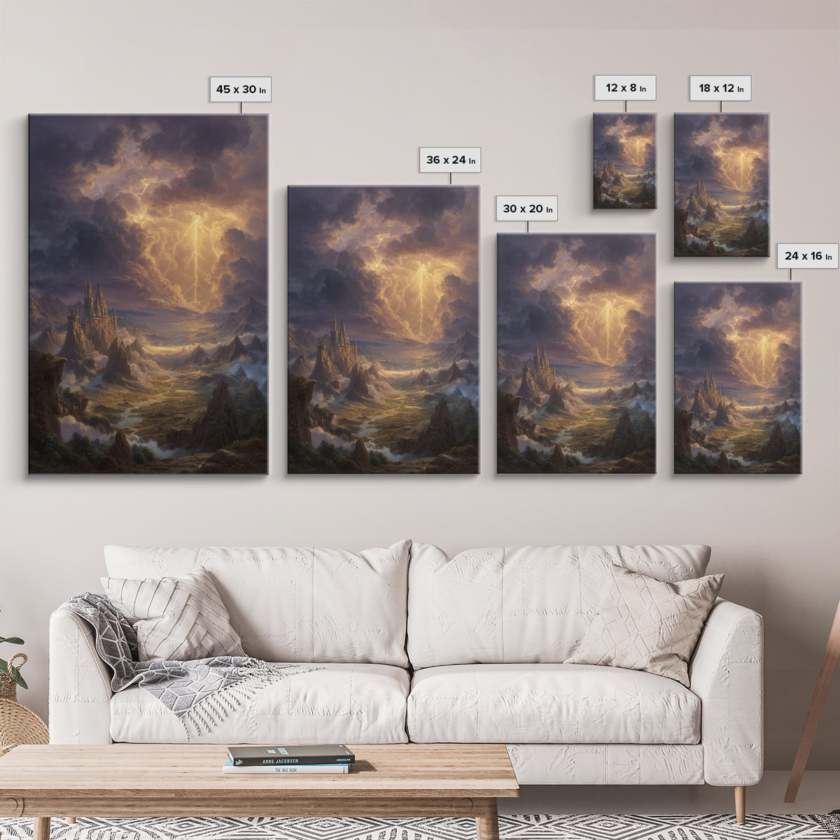 Lightning Storm Over Fantasy Castle Framed Canvas Print, Epic Mountain Landscape Wall Art, Moody Gothic Office Home Decor