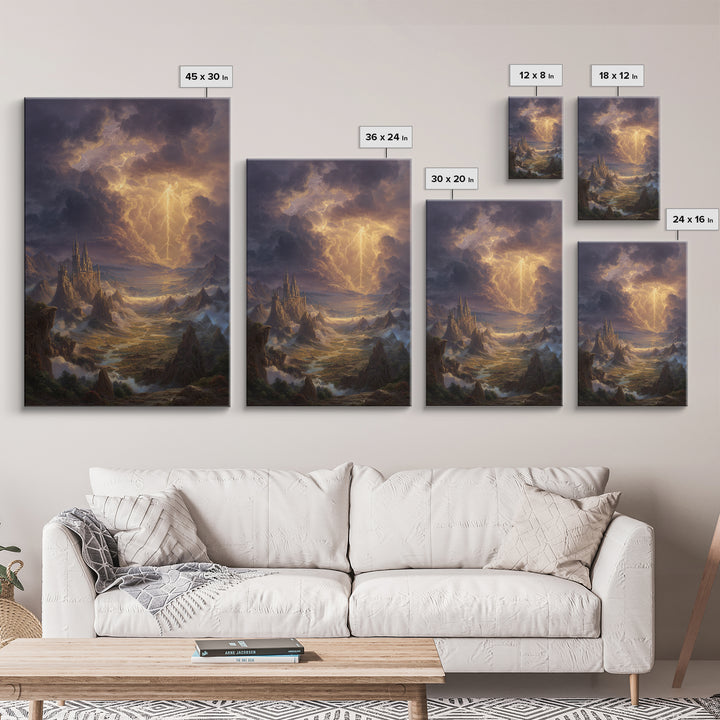 Lightning Storm Over Fantasy Castle Framed Canvas Print, Epic Mountain Landscape Wall Art, Moody Gothic Office Home Decor