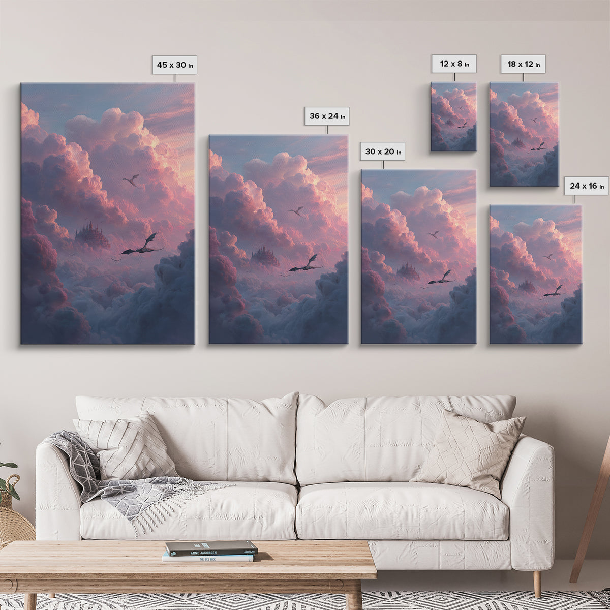 Pink Cloud Castle With Flying Dragons Canvas Print, Dreamy Fantasy Wall Art, Soft Pastel Celestial Nursery And Bedroom Decor