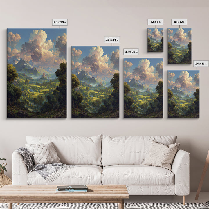 Lush Fantasy Valley With Distant Castle Wall Art, Mountain Landscape Canvas Print, Nature Decor For Living Room, Large Home Decor