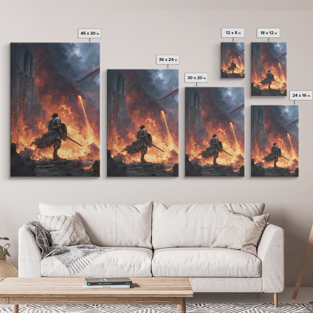 Dragon Battle Knight In Burning Castle Wall Art, Fantasy Warrior Canvas, Dark Medieval Decor, Epic Gothic Gift Print For Him