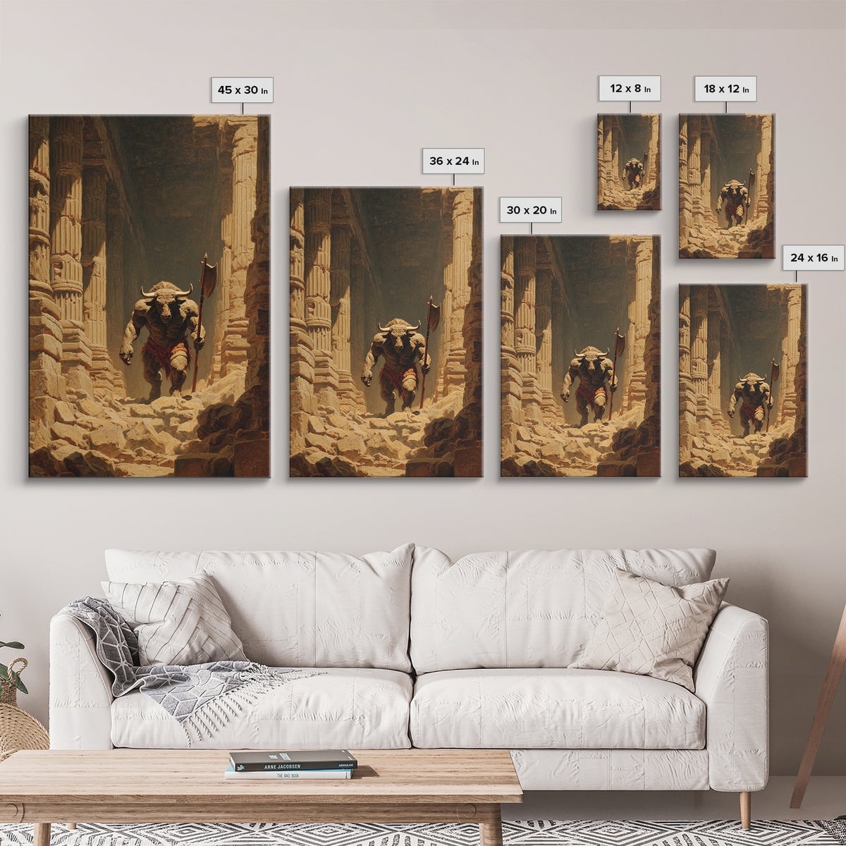 Minotaur In Ancient Ruins Framed Canvas Print, Mythological Art, Dark Fantasy Decor, Greek Myth Wall Decor Gift For Him Home Decor