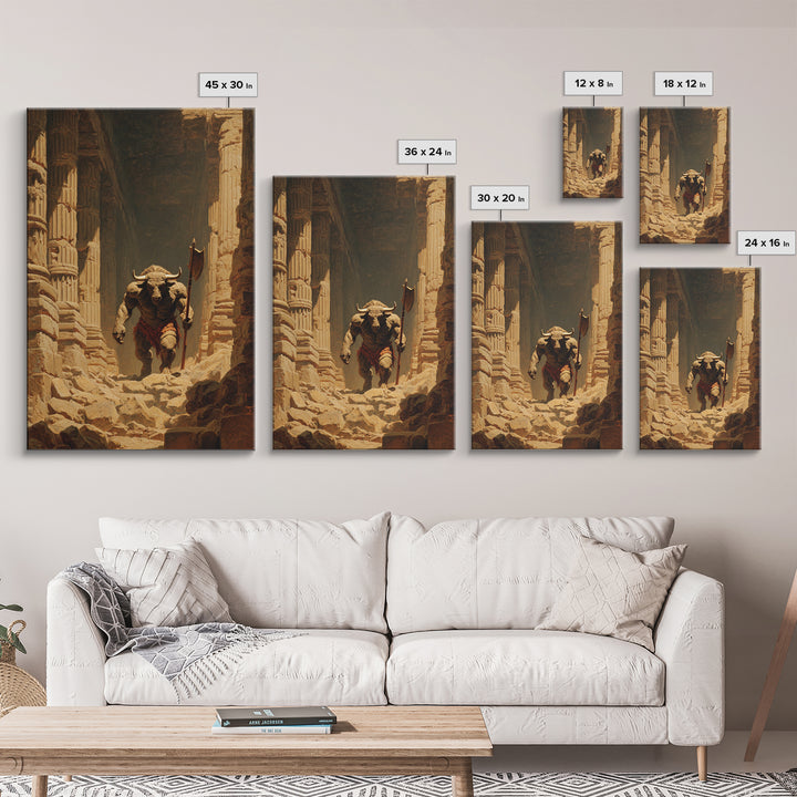 Minotaur In Ancient Ruins Framed Canvas Print, Mythological Art, Dark Fantasy Decor, Greek Myth Wall Decor Gift For Him Home Decor