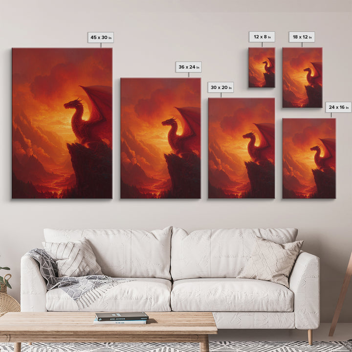 Red Dragon On Mountain Cliff Wall Art, Fantasy Landscape Canvas Print, Sunset Painting, Medieval Castle Decor Gift For Him Home Decor