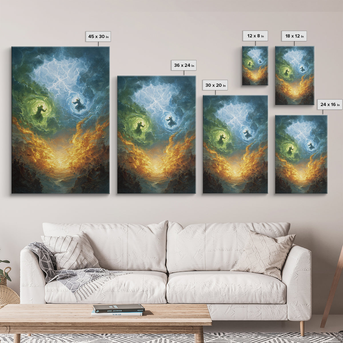 Elemental Wizards In Stormy Sky Wall Art, Fantasy Magic Canvas Print, Lightning Battle, Mystical Decor Gift For Him Home Decor