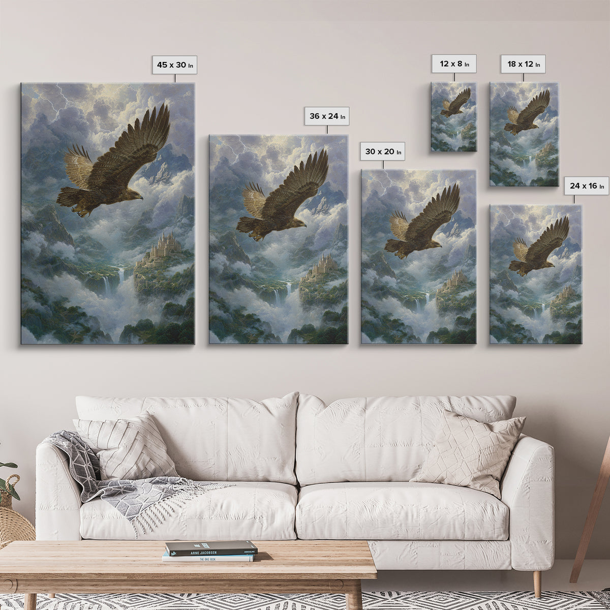 Majestic Eagle Over Misty Mountain Castle Wall Art, Wildlife Landscape Canvas Print, Fantasy Nature Decor Gift For Him Home Decor