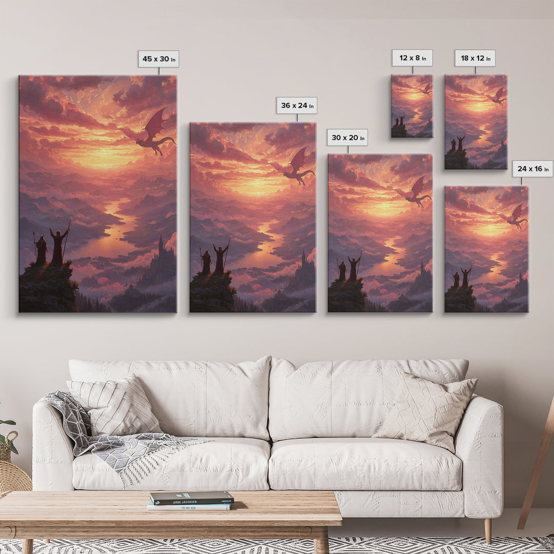 Wizards Watching Dragon Over Sunset Valley Wall Art, Fantasy Landscape Canvas Print, Magical Castle Decor Gift For Him Home Decor