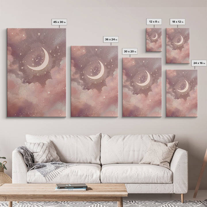 Crescent Moon And Starry Pink Clouds Wall Art, Celestial Canvas Print, Whimsigoth Bedroom Decor, Mystical Nursery Art, Gift For Her
