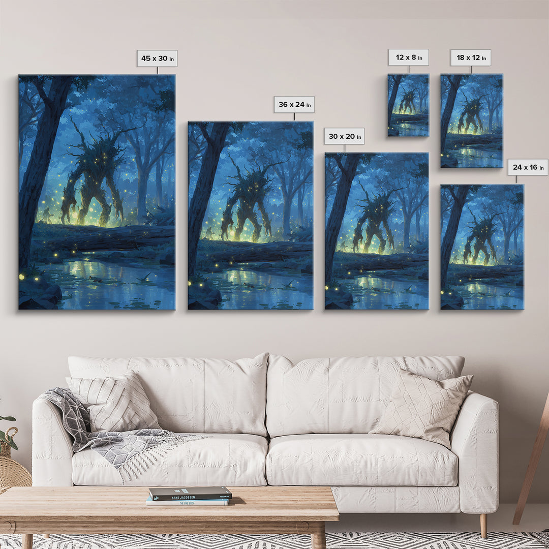 Glowing Forest Spirit At Moonlit Creek Wall Art, Fantasy Forest Canvas, Mystical Woodland Decor, Dark Fairy Tale Art Print