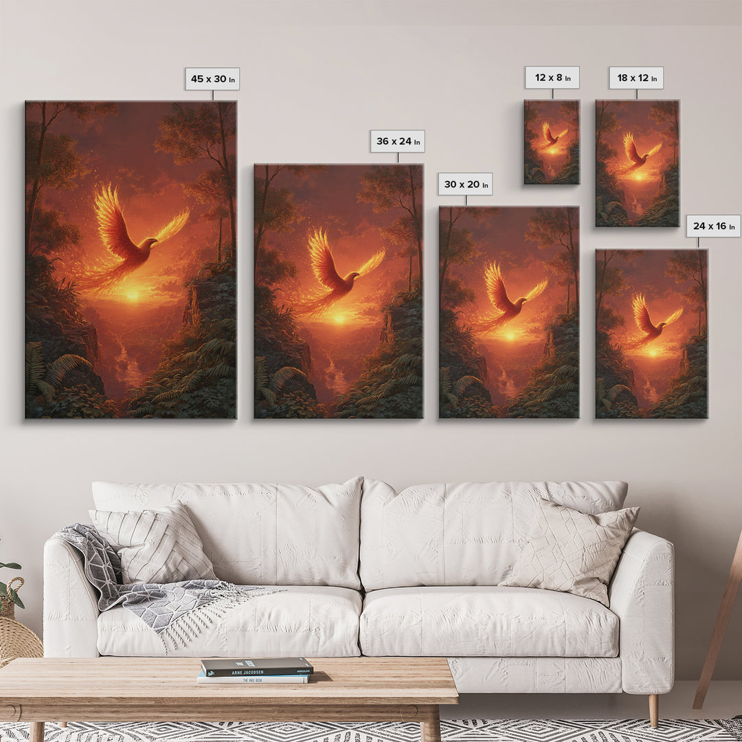 Fiery Phoenix Soaring Over Sunset Canyon Canvas Print, Fantasy Bird Wall Art, Dramatic Orange Home Decor, Mythical Artwork