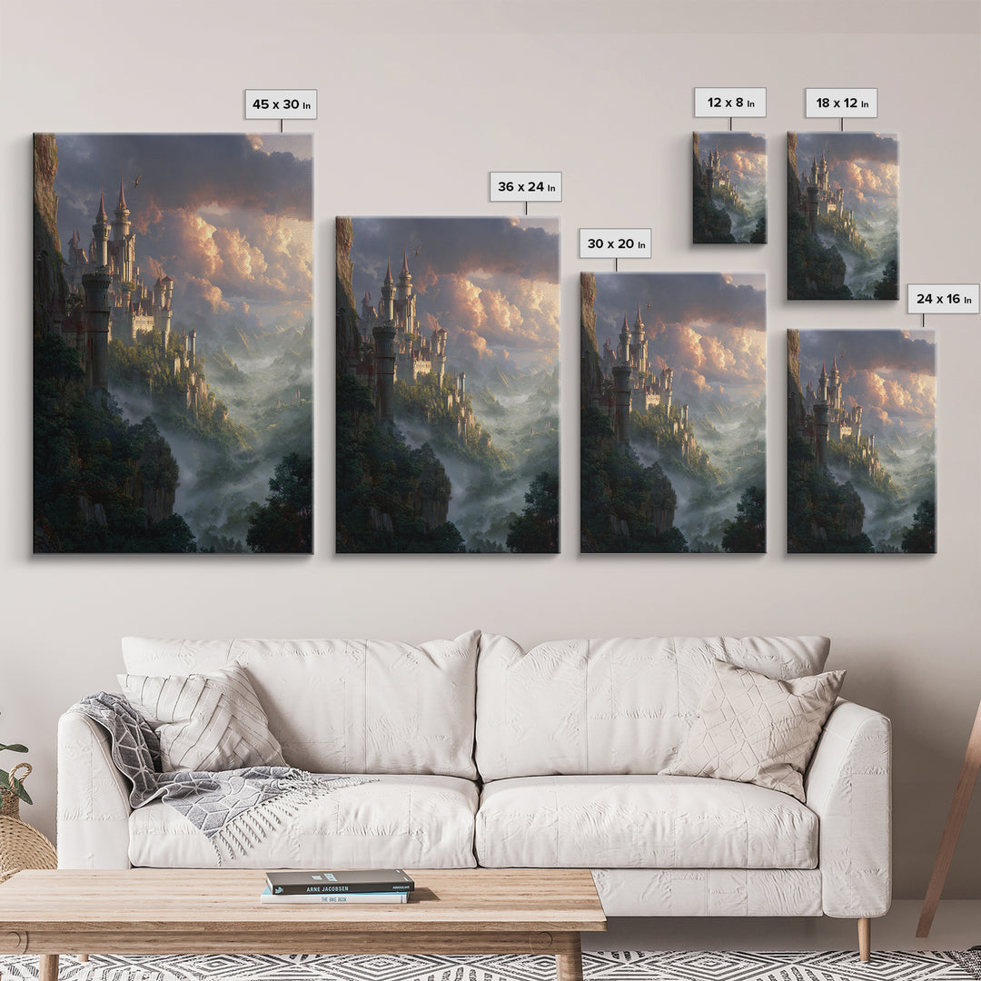 Misty Cliffside Castle Above Enchanted Valley Framed Canvas Print, Fantasy Wall Art, Medieval Landscape Home Decor, Dramatic Cloud Art