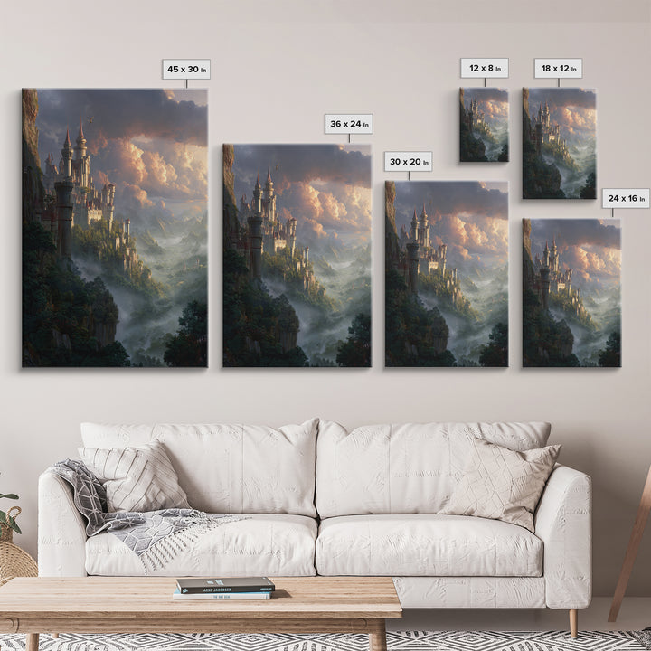 Misty Cliffside Castle Above Enchanted Valley Framed Canvas Print, Fantasy Wall Art, Medieval Landscape Home Decor, Dramatic Cloud Art