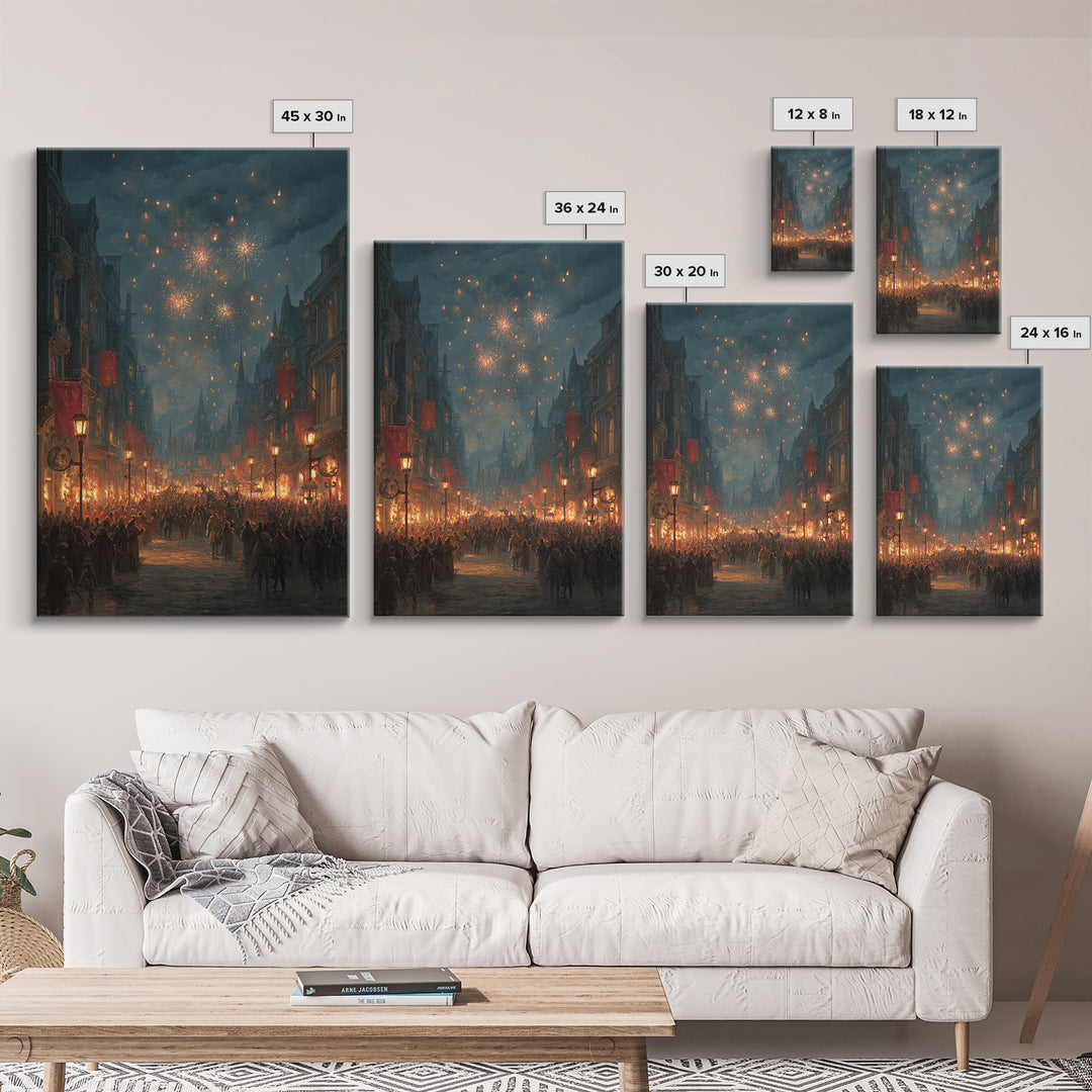 Medieval Festival Street With Fireworks Wall Art, Fantasy City Canvas, Dark Academia Decor, Gothic Town Celebration Print