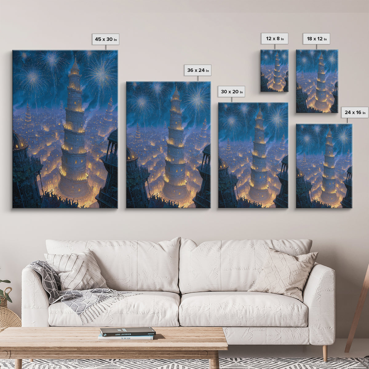 Blue Fireworks Over Magical City Tower Canvas Print, Fantasy Wall Art, Medieval Celebration Decor, Enchanted Skyline Art