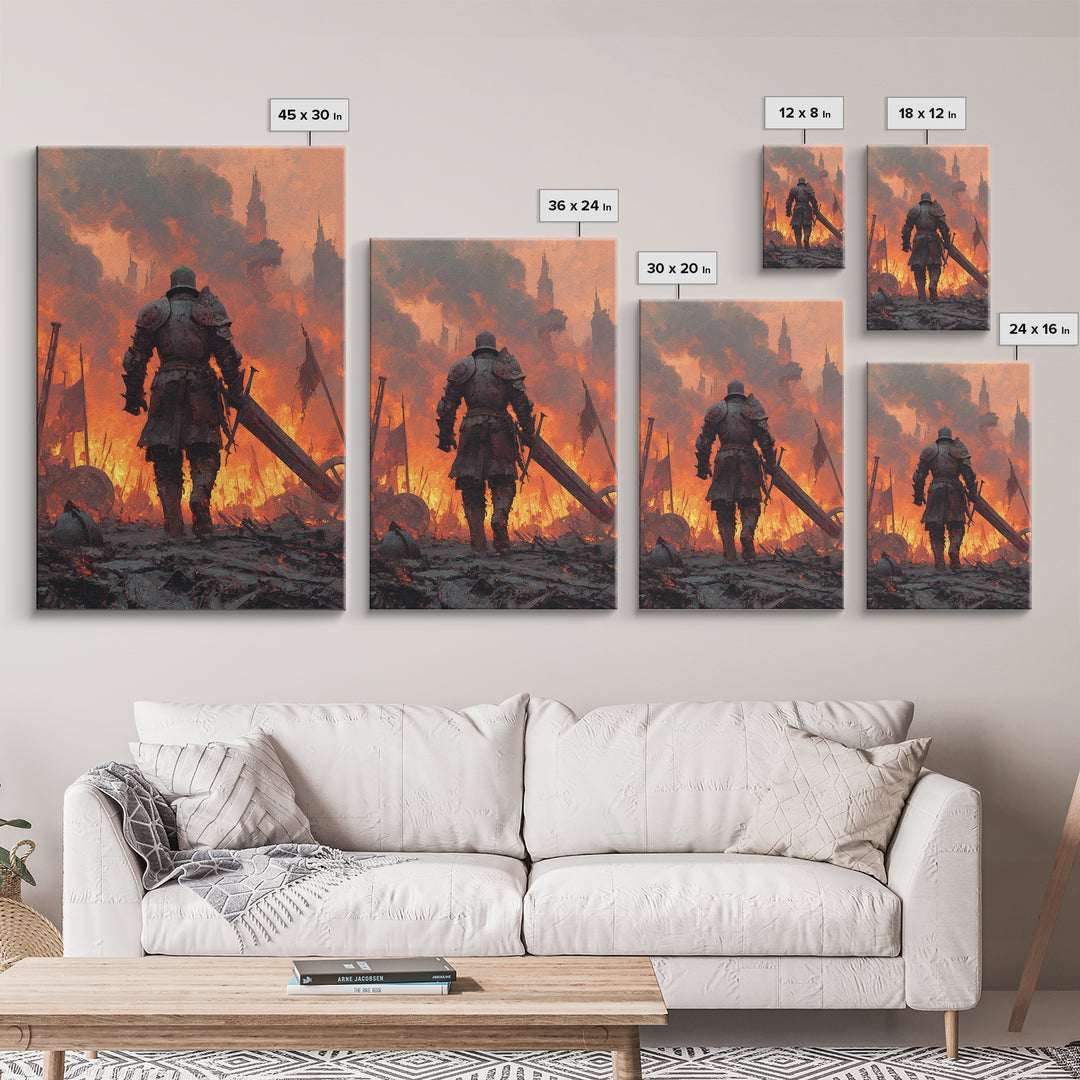 Armored Knight Walking Through Burning Battlefield Wall Art, Dark Fantasy Canvas, Medieval Warrior Decor, Dramatic Fire Art Print